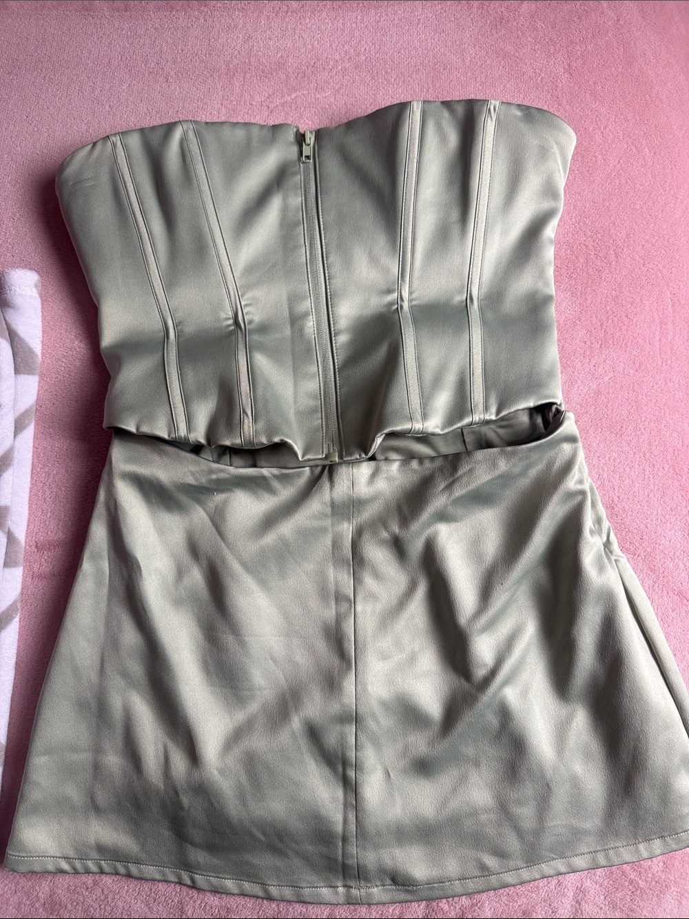 Strapless Faux-Leather Corset Mini Dress in Sage Green